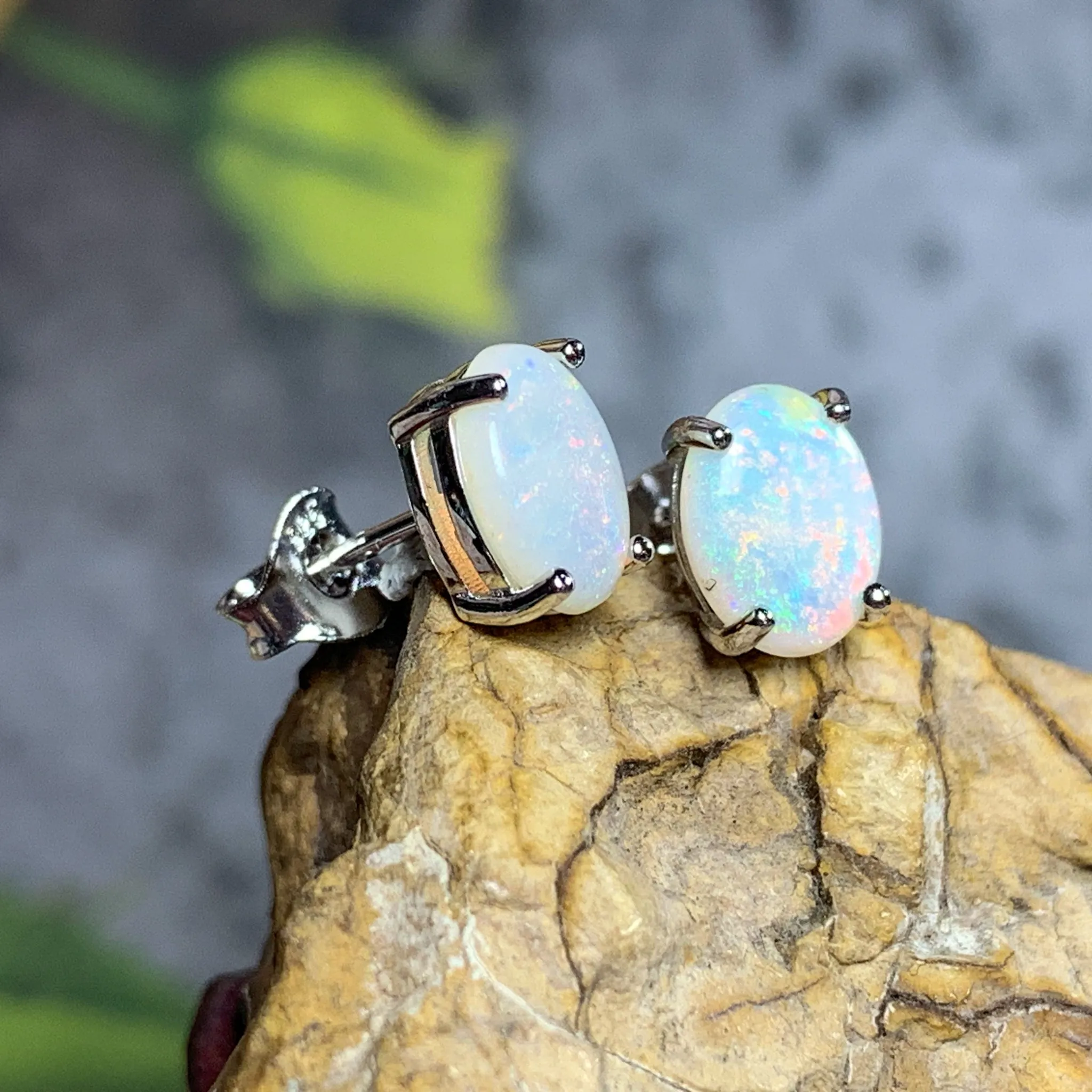 Sterling Silver 8x6mm White Opal studs