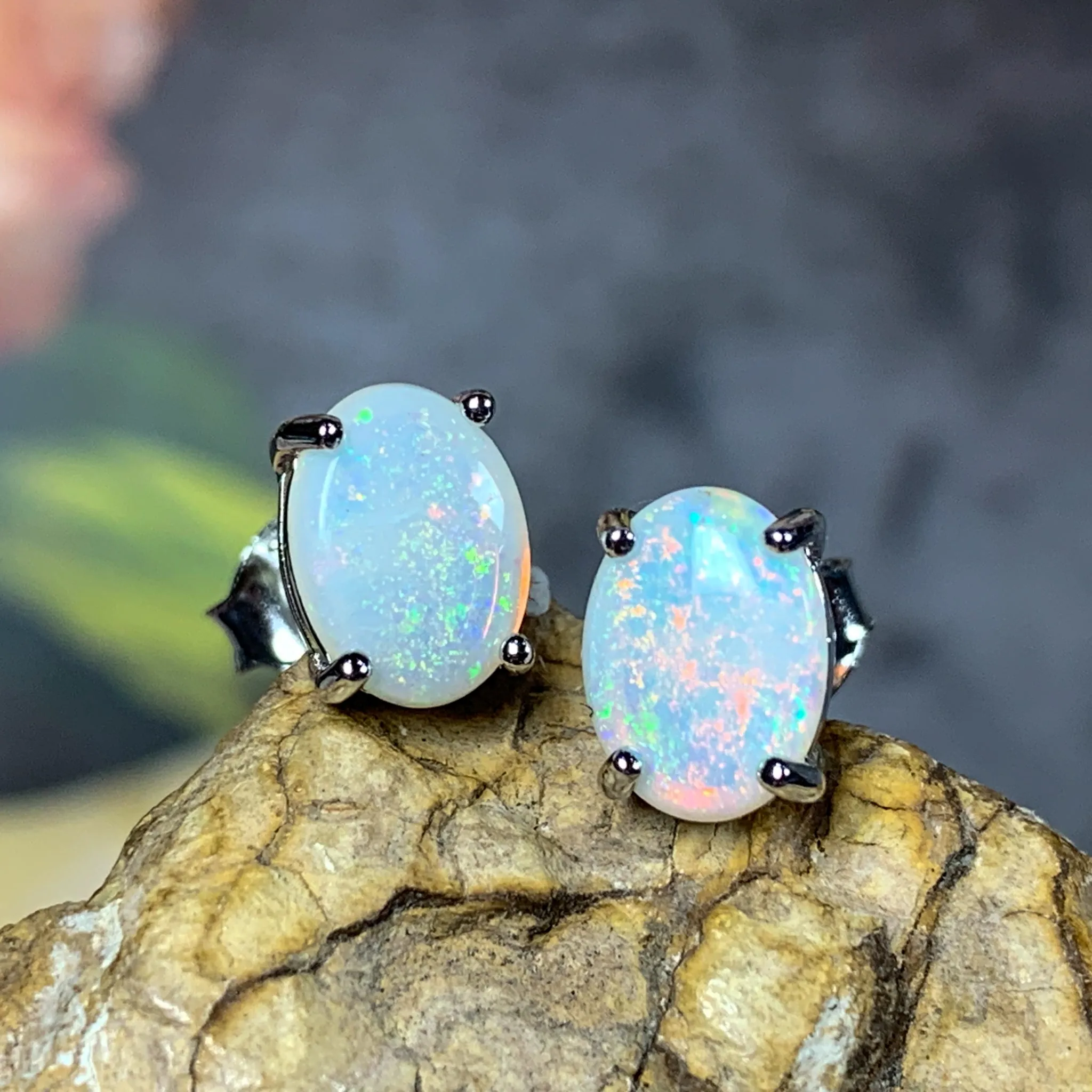 Sterling Silver 8x6mm White Opal studs