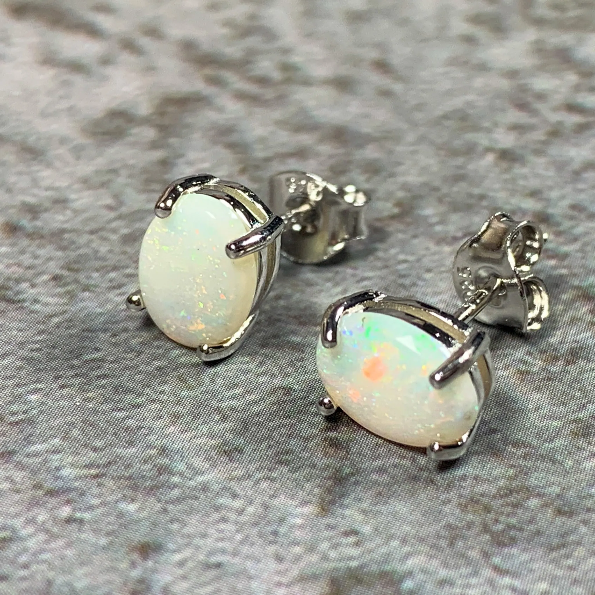 Sterling Silver 8x6mm White Opal studs