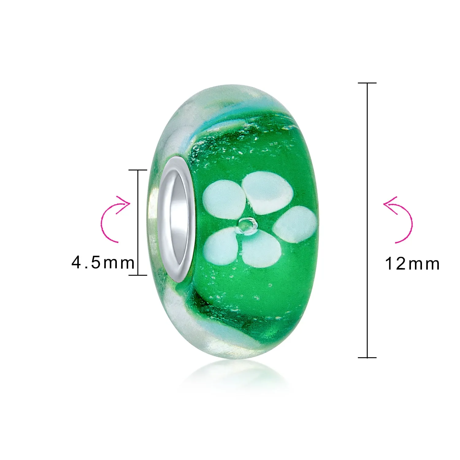 Translucent Floral Glass Charm Bead for European Bracelets with Silver Core