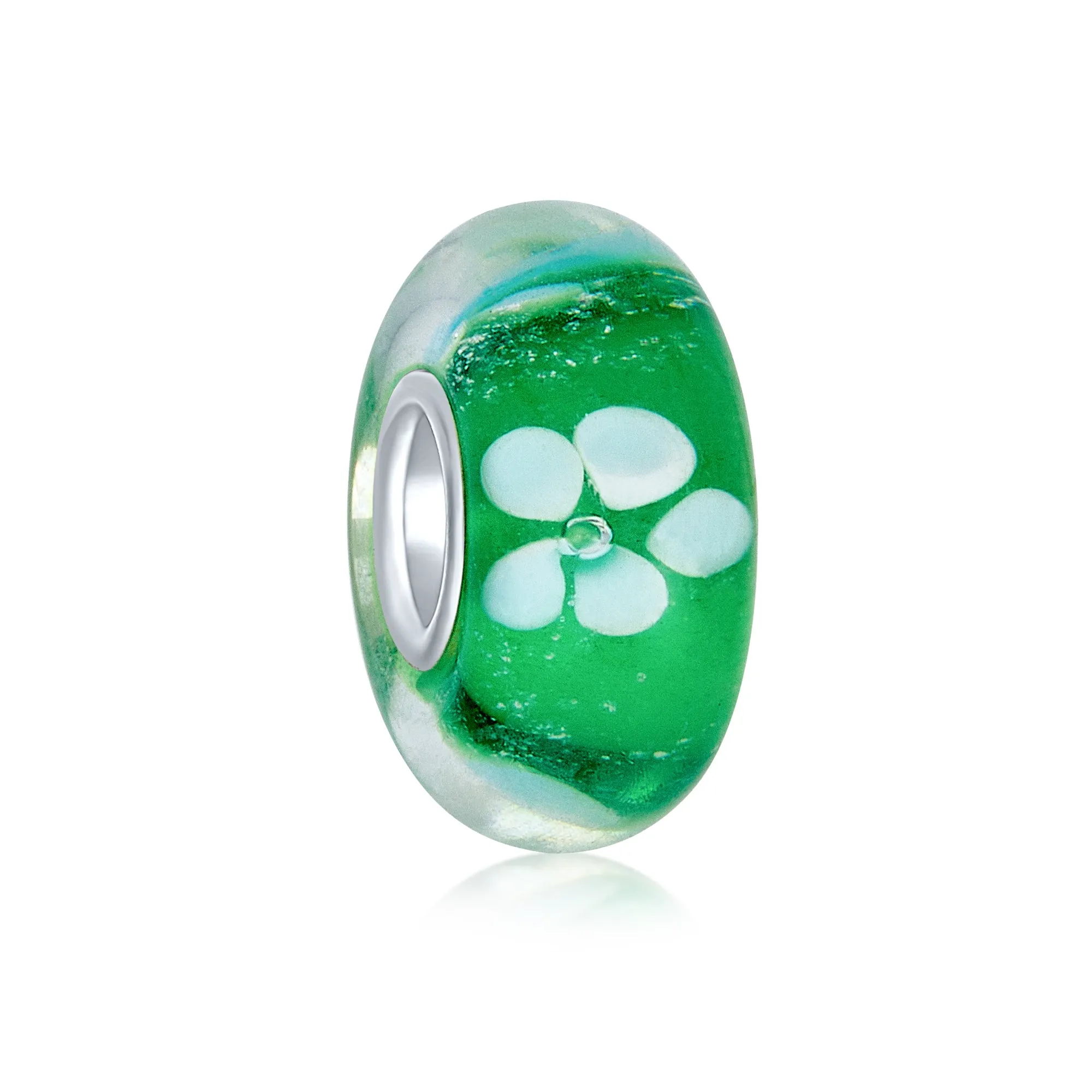 Translucent Floral Glass Charm Bead for European Bracelets with Silver Core