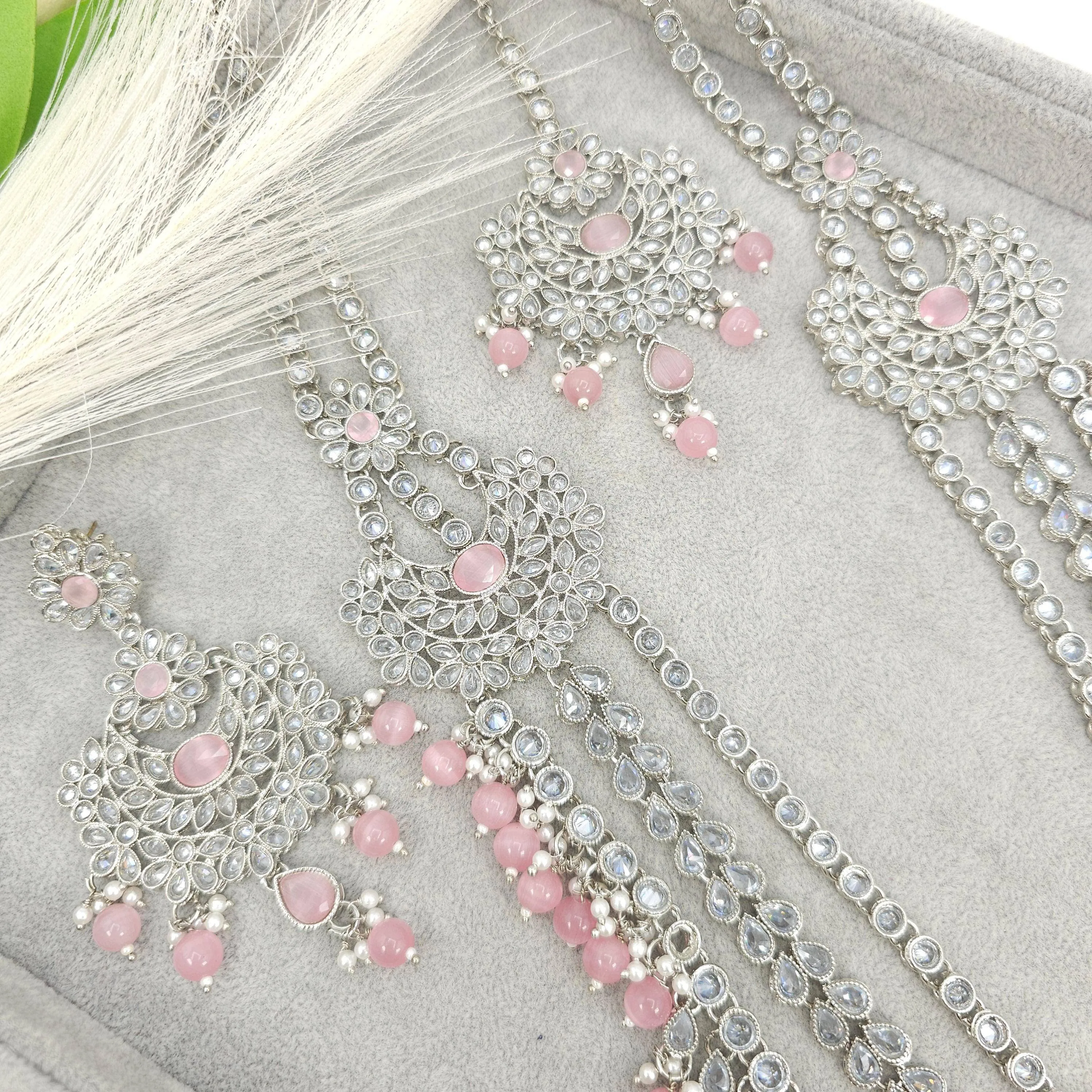 Umera Polki Rani Haar Set - Silver Pink