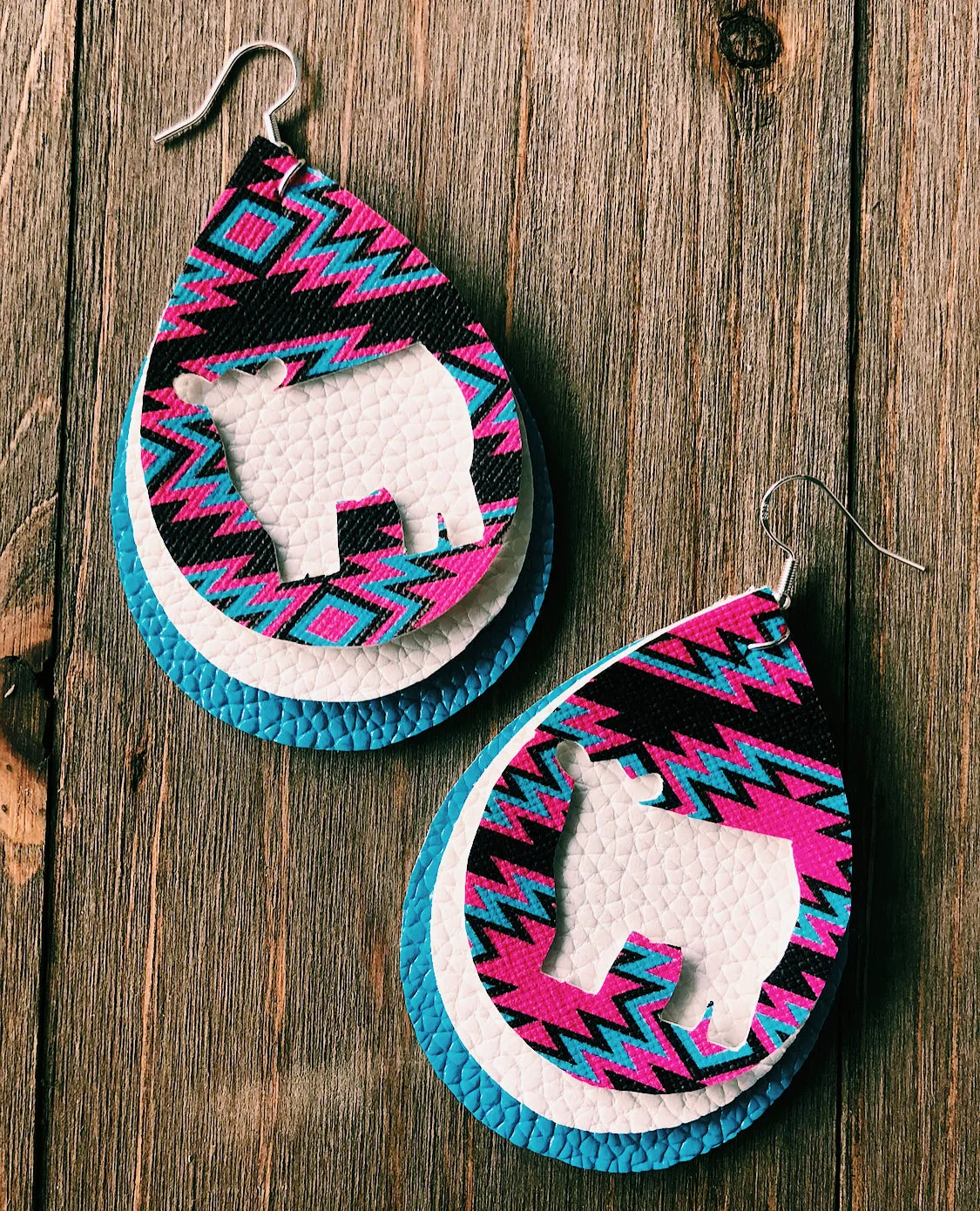 Vibrant Blue, Hot Pink, & Dark Brown Aztec Cow Teardrop Shaped Earrings