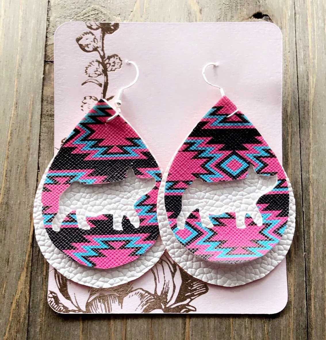 Vibrant Blue, Hot Pink & Dark Brown Aztec Pig Teardrop Shaped Earrings