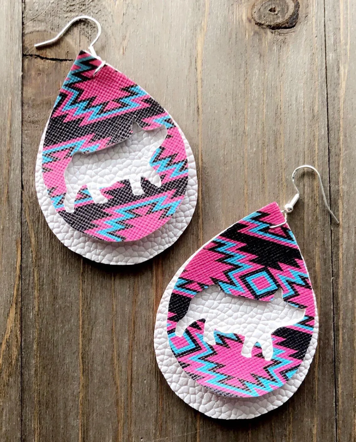 Vibrant Blue, Hot Pink & Dark Brown Aztec Pig Teardrop Shaped Earrings