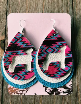 Vibrant Blue, Hot Pink, & Dark Brown Lamb Teardrop Shaped Earrings