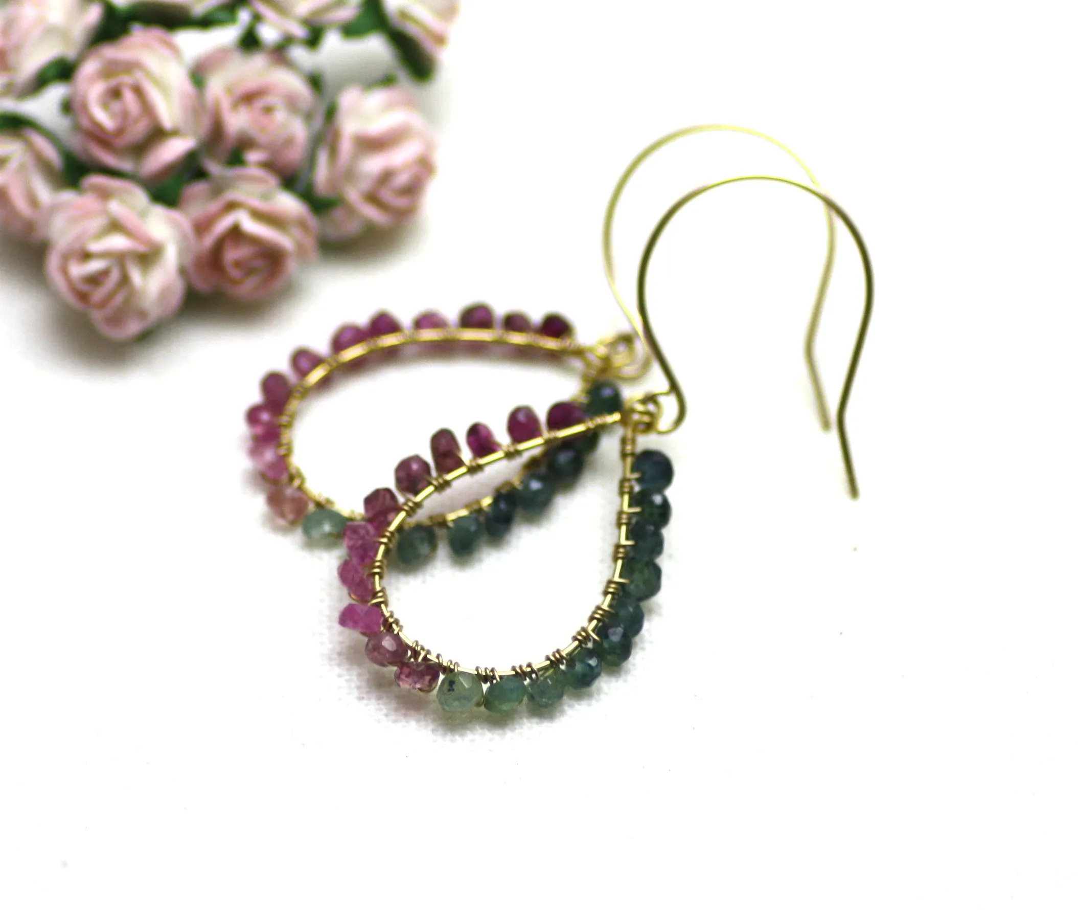 Watermelon Tourmaline Wire Wrapped Teardrop Earrings