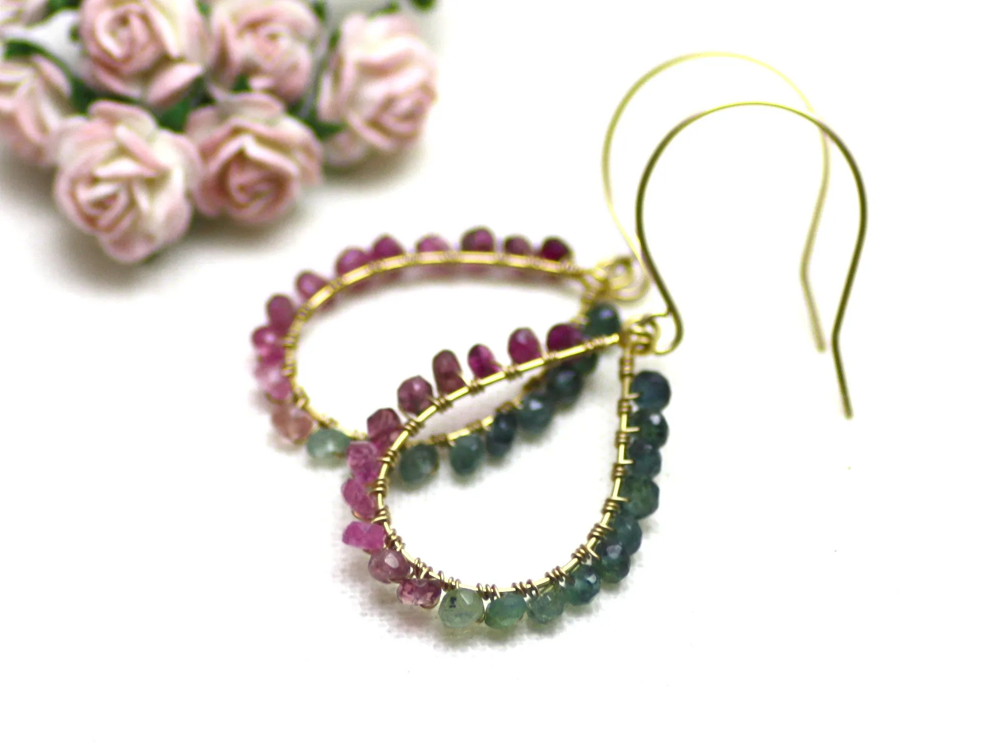 Watermelon Tourmaline Wire Wrapped Teardrop Earrings