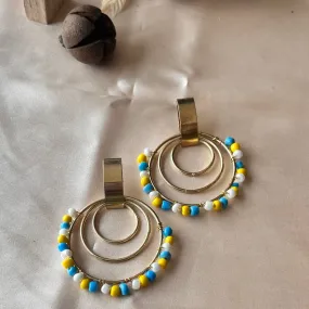 Yellow, Blue, and White Beaded Hoop Earrings -jlt11695